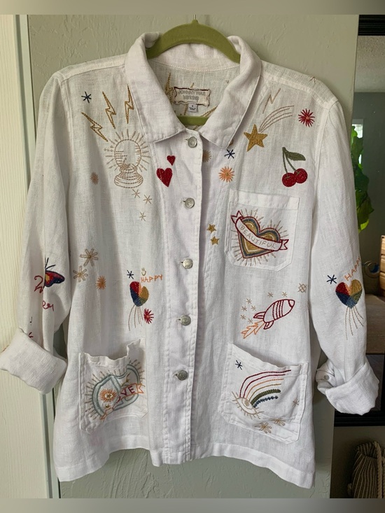 Johnny Was Jackets & Blazers - Johnny Was White Embroidered Linen Jean Jacket with Multicolor Motifs